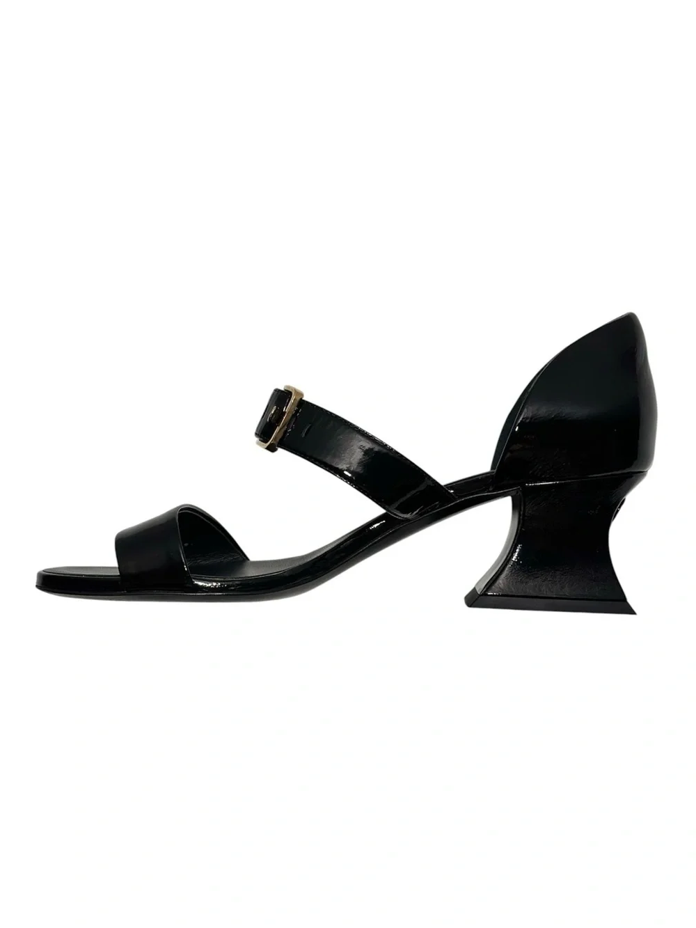 CHANEL Black Patent Goatskin 2022 22S Curved Block Heel Sandal size 36 Authentic
